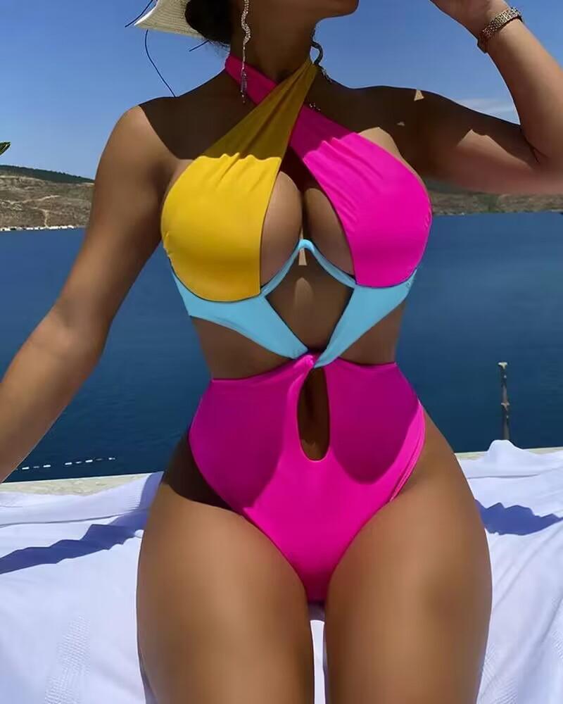 Colorblock Cutout Backless Halter One-Piece Swimsuit