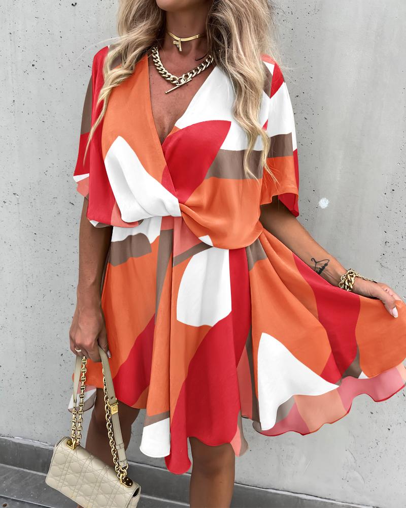 Geo Print Batwing Sleeve Overlap Flowy Swing Dress