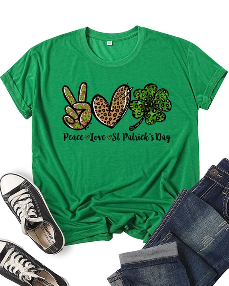 T-shirt & Tees St. Patrick's Day Leopard Scissorhands Clover Letter Print Casual T-shirt