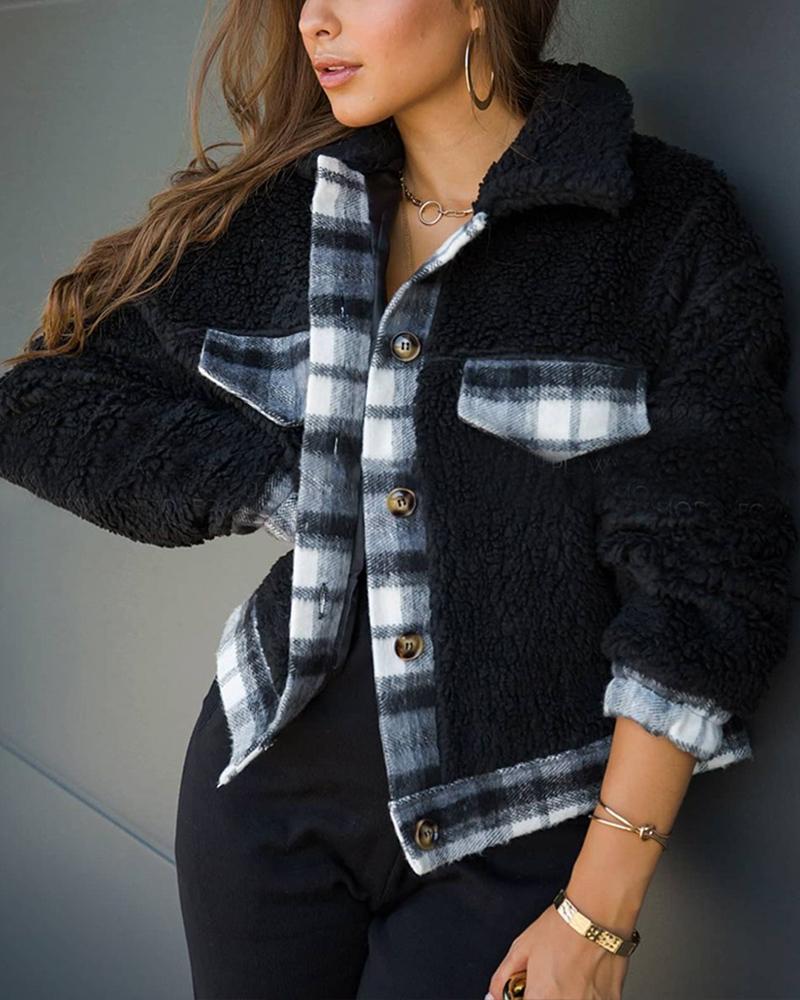 Plaid Print Colorblock Button Pocket Design Teddy Coat