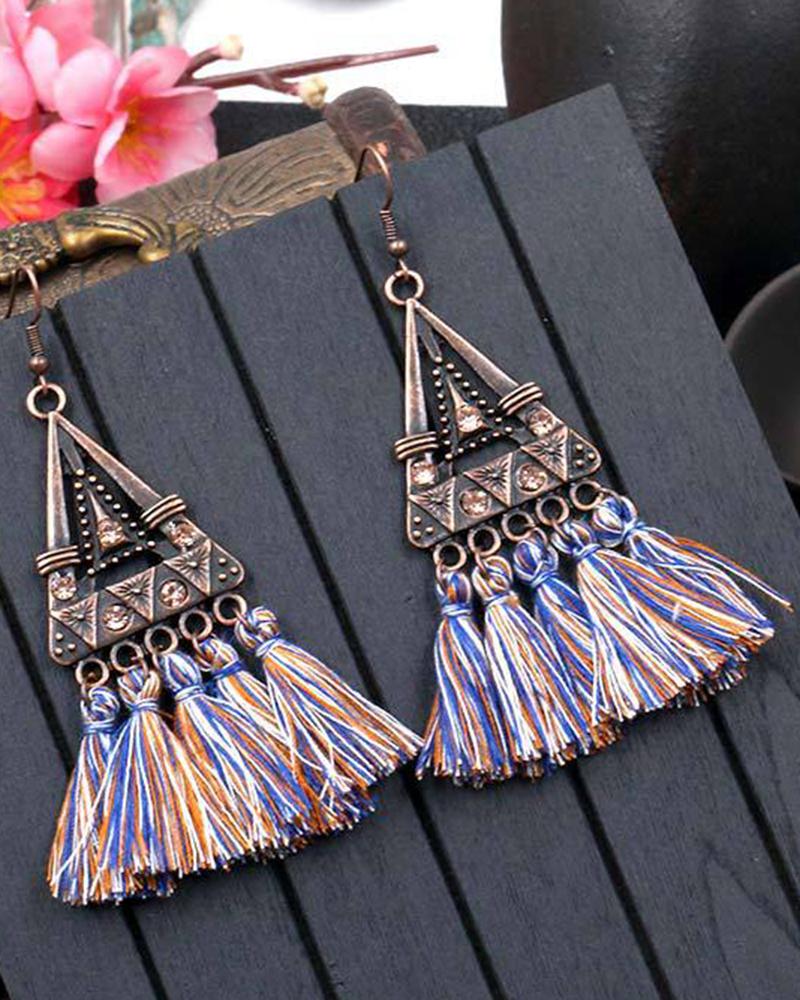 1Pair Bohemian Ethnic Style Tribal Triangle Tassel Design Hook Earrings