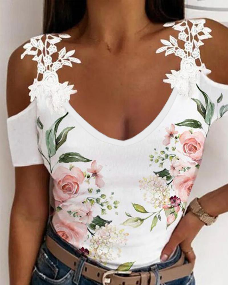 Floral Print Contrast Lace Cold Shoulder Top