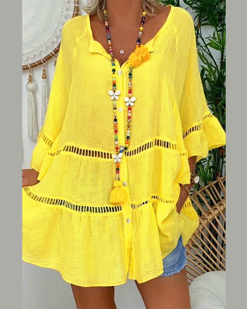 Bell Sleeve Hollow Out Buttoned Casual Dress