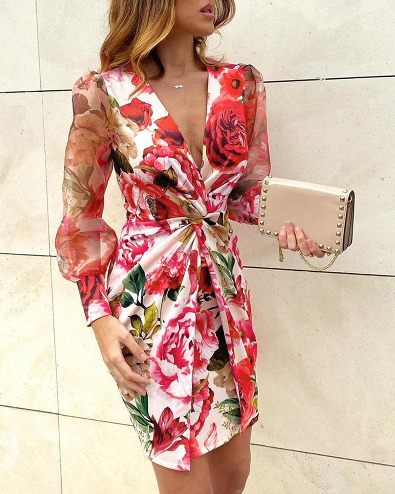 Mesh Puff Lantern Sleeve Twisted Floral Print Dress