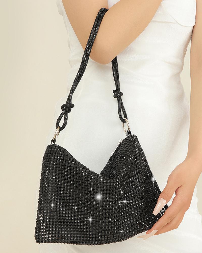 Allover Rhinestone Zipper Design Evening Shoulder Bag