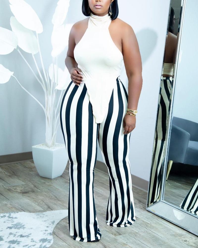 Plus Size Hanky Hem Halter Top & Striped Print Pants Set