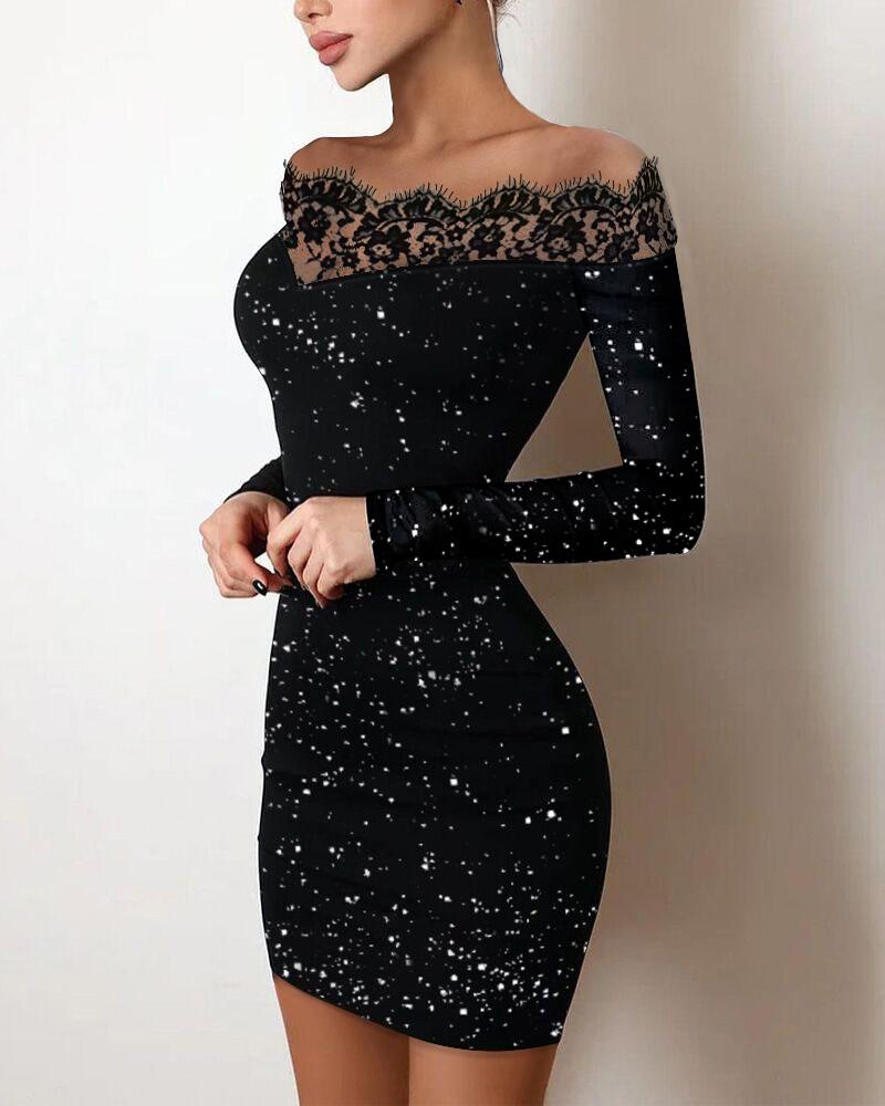 Off Shoulder Contrast Lace Glitter Bodycon Dress