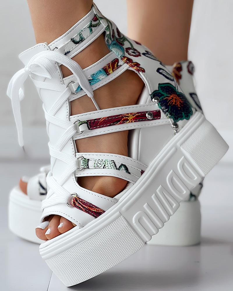 Floral Pattern Lace-up Platform Wedge Sandals