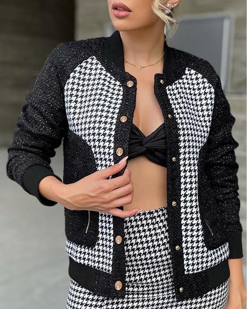 Houndstooth Print Button Design Coat
