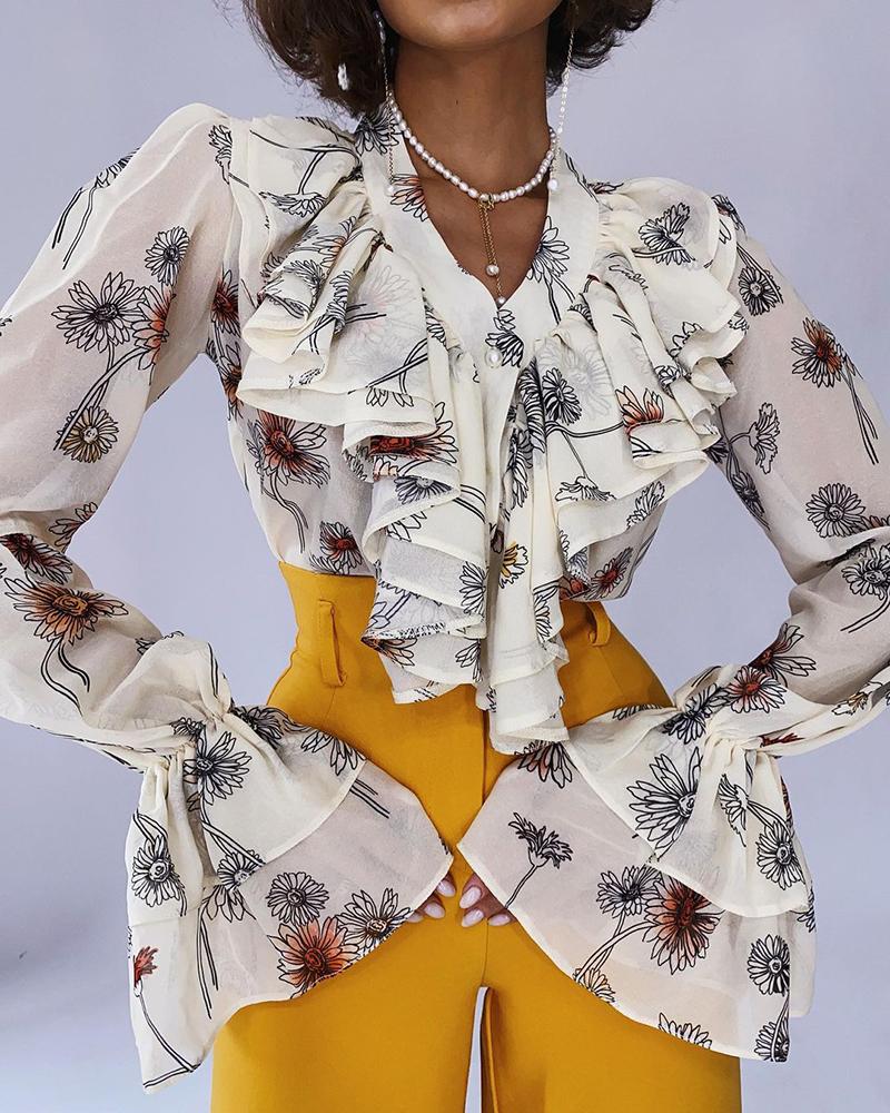 Bell Puff Sleeve Floral Print Ruffles Top