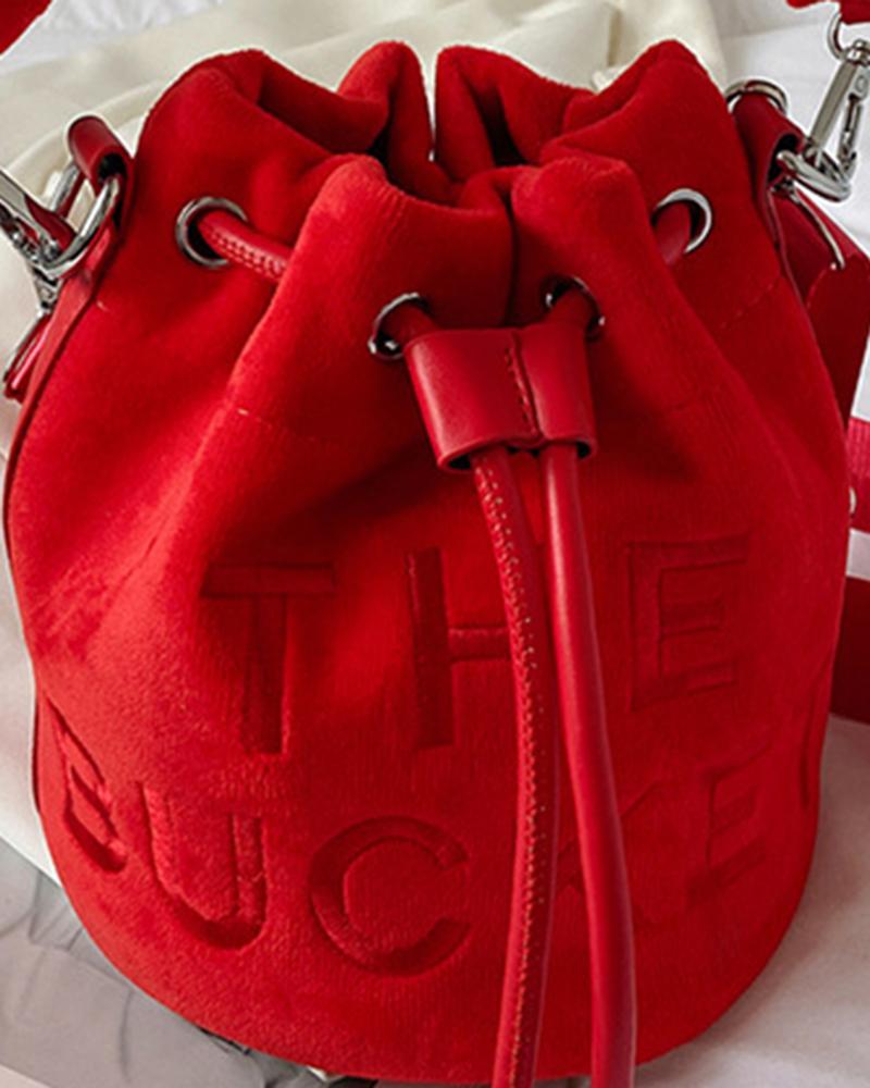 Velvet Letter Pattern Drawstring Bucket Bag