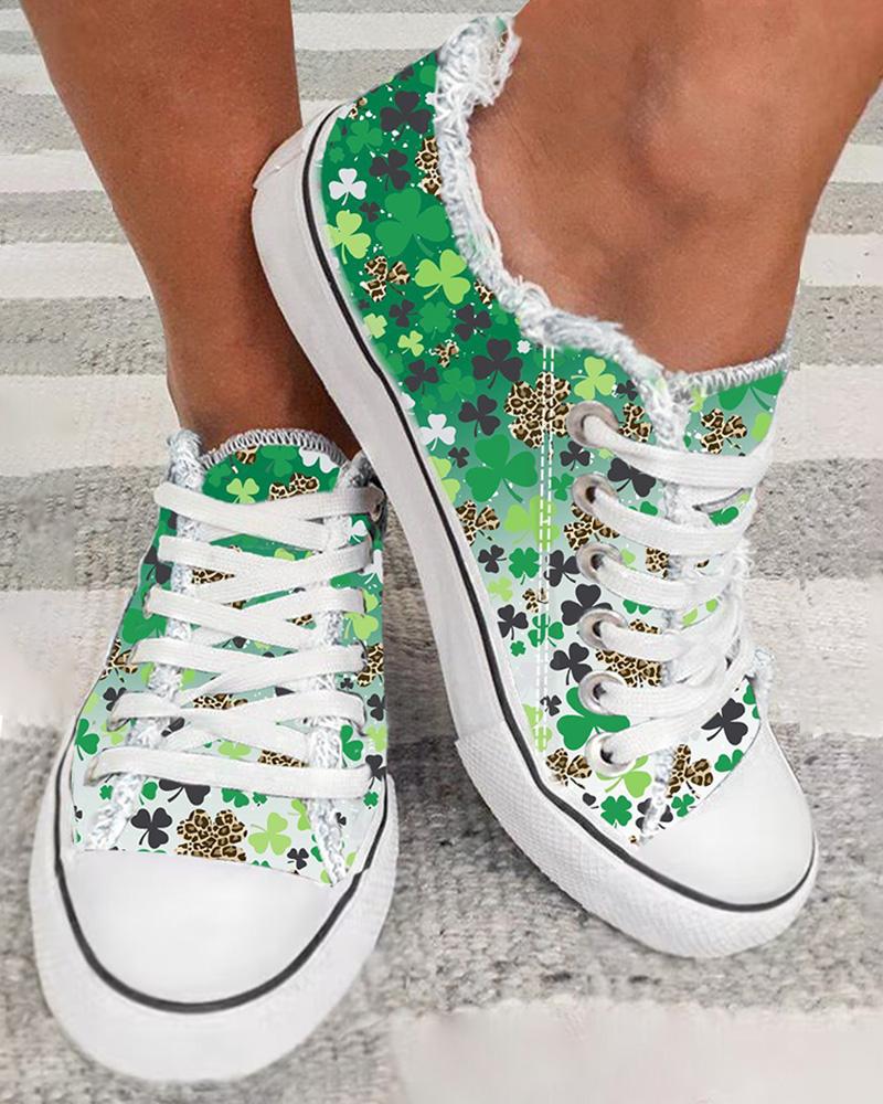 St. Patrick's Day Leopard Clover Print Fringe Hem Canvas Sneakers