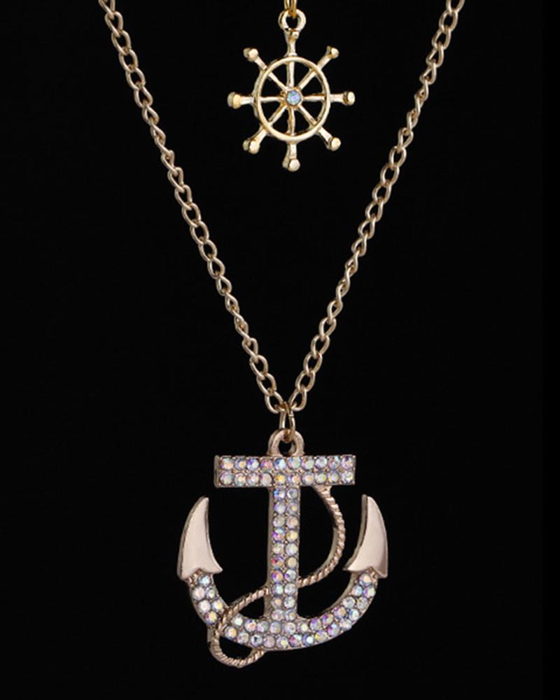 1pcs Multi-layer Rhinestone Wheel Anchor Pendant Necklace