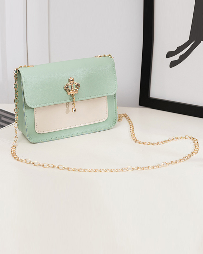 Crown Decor Lock Chain Strap Flap Shoulder Bag