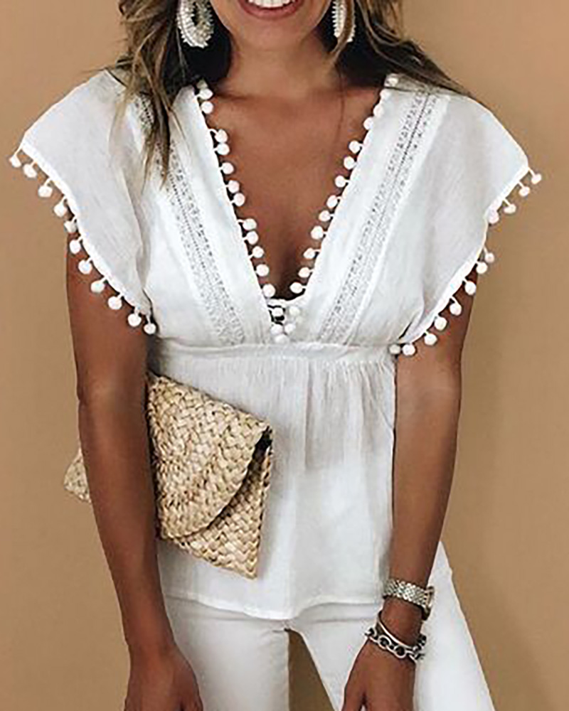 Pom Pom Trim V-Neck Backless Top