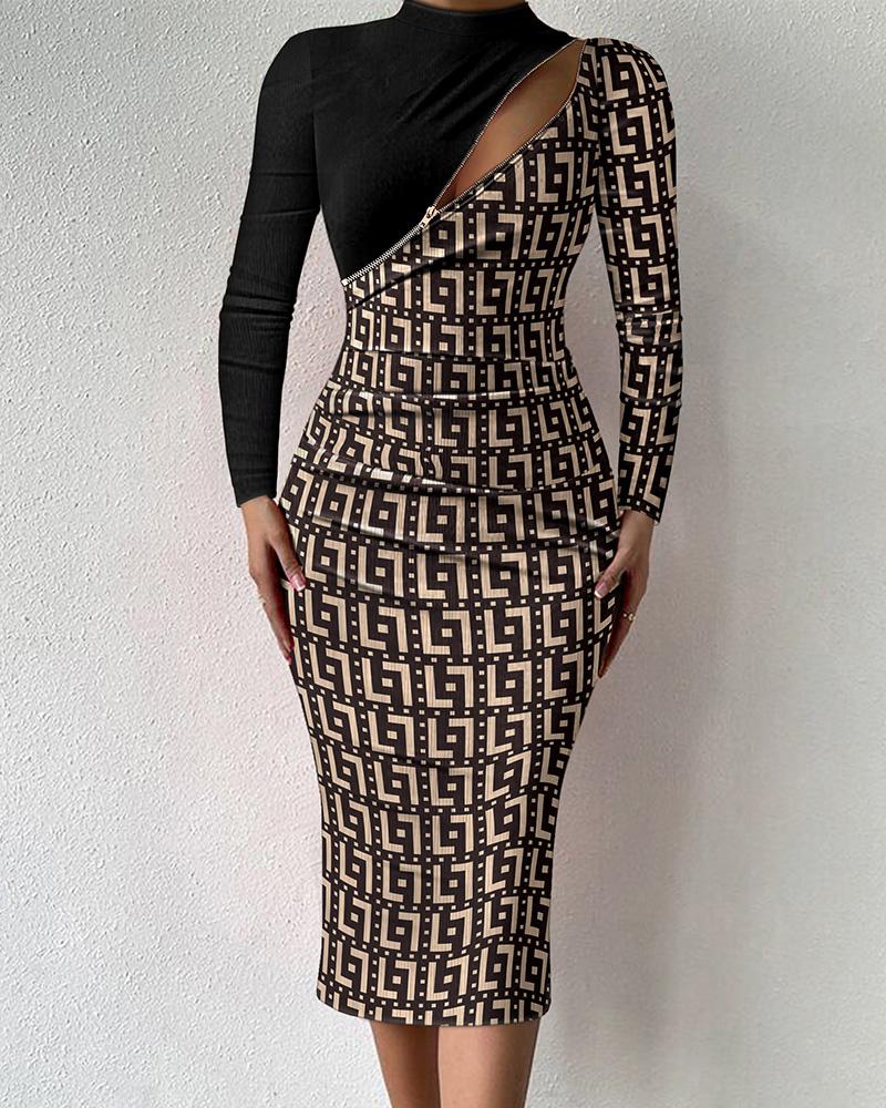 Geometric Print Patchwork Zipper Front Bodycon Dress