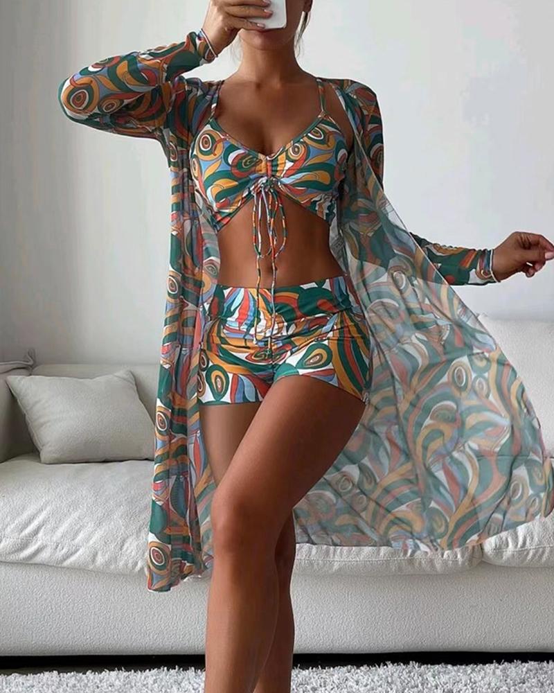 3PCS Allover Print Drawstring Bikini Set With Cover Up