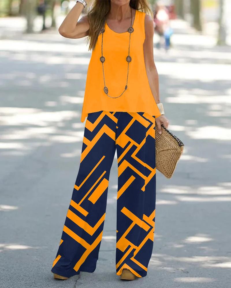 Casual Tank Top & Geometric Print Wide Leg Pants Set