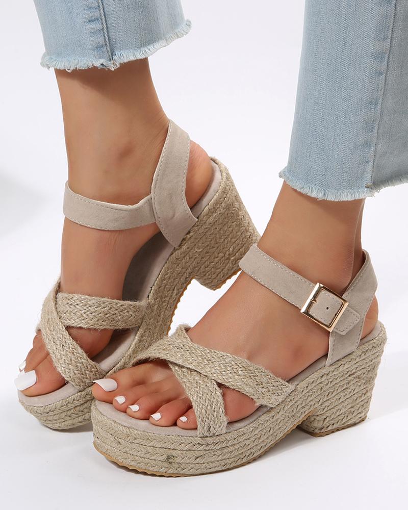 Ankle Strap Braided Espadrille Platform Chunky Heel Sandals