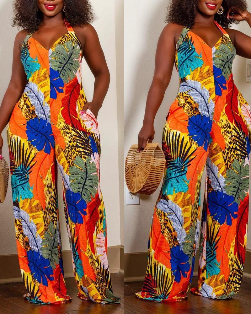 Tropical Print Halter Backless Wide Leg Jumpsuit