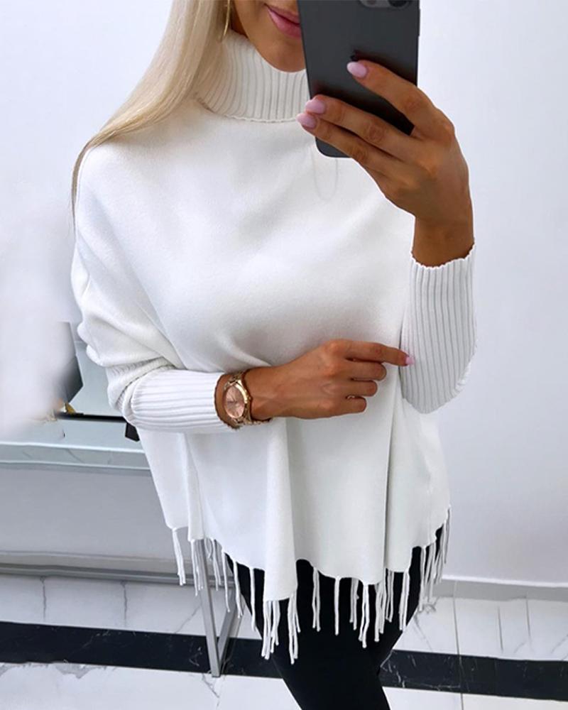 Turtleneck Long Sleeve Tassel Design Knit Sweater