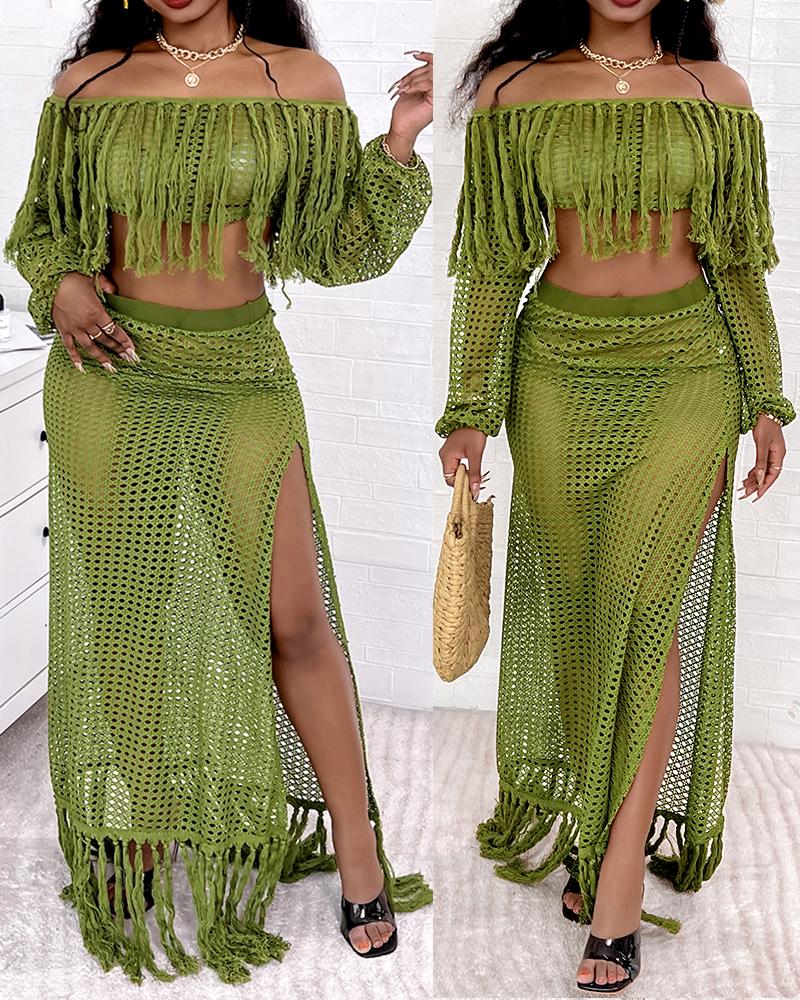 Crochet Casual Mesh Tassel Beach Top & Skirt Sets Swimwear Cover-ups