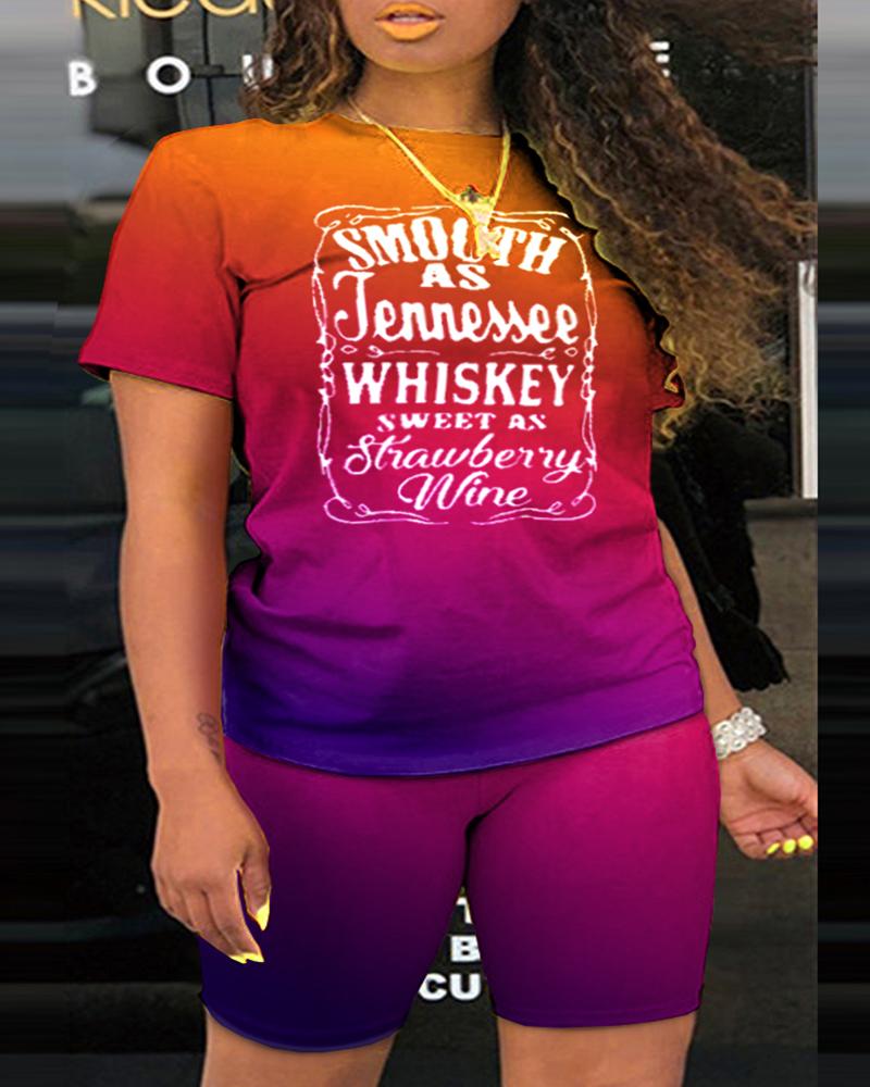 Plus Size Smooth As Tennessee Whiskey Sweet As Strawberry Wine Print Ombre Top & Shorts Set