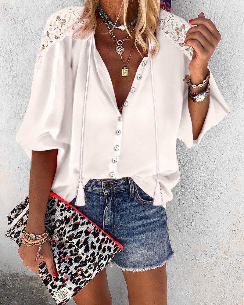 Crochet Lace Lantern Sleeve Shirt