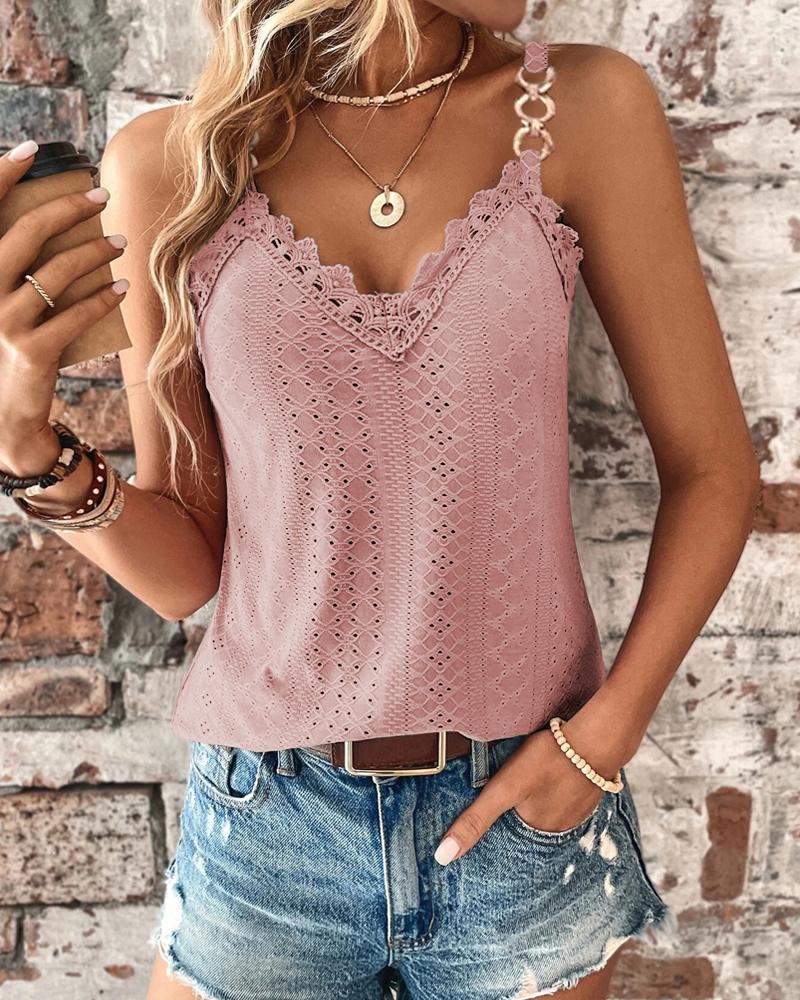 Chain Decor Eyelet Embroidery Lace Patch Tank Top