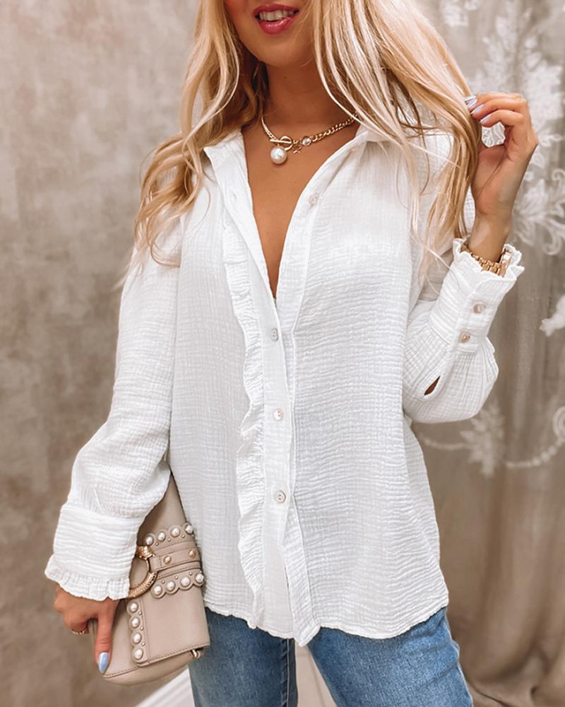 Long Sleeve Frill Hem Button Down Shirt