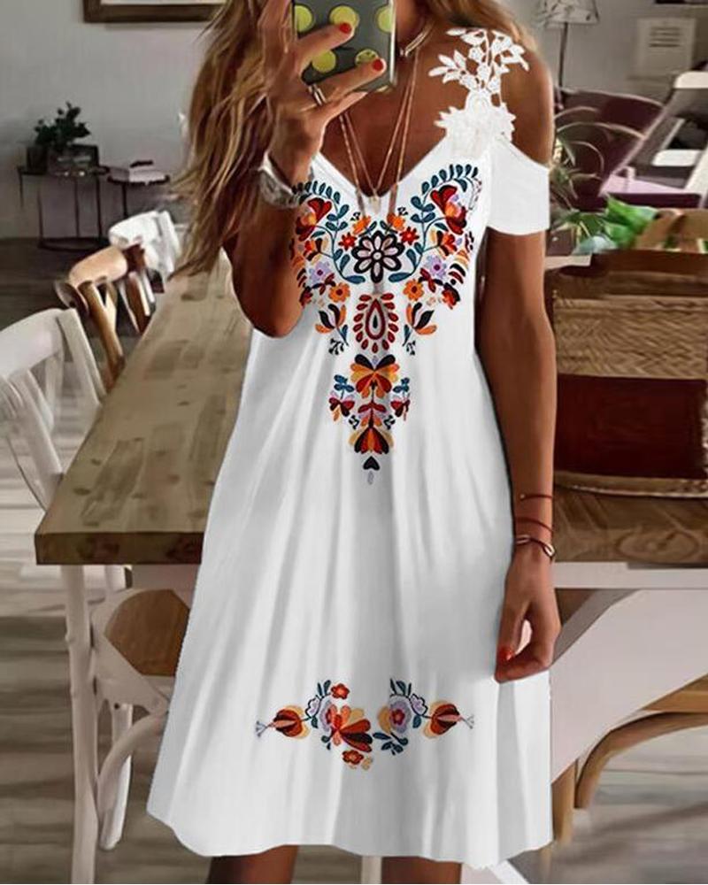 Floral Print Lace Patch Cold Shoulder Casual Dress