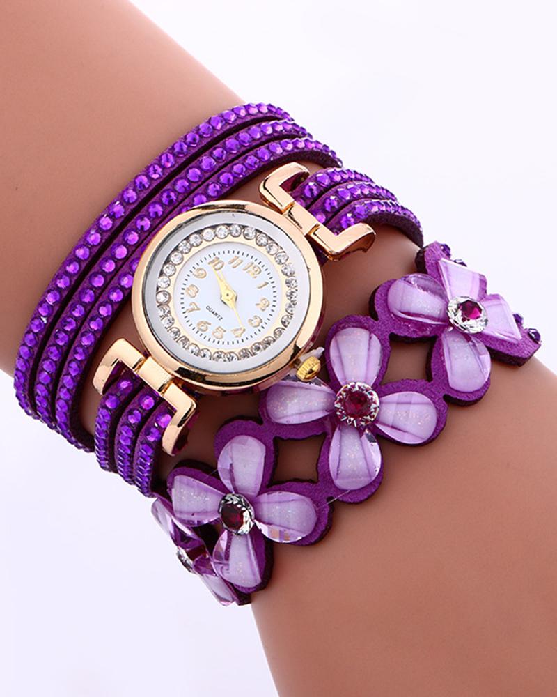 Watches  ChicMe 1pc Rhinestone Floral Pattern Stackable Bangle Quartz Watch