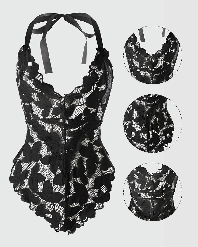 Halter Backless Sleeveless Lace Teddy