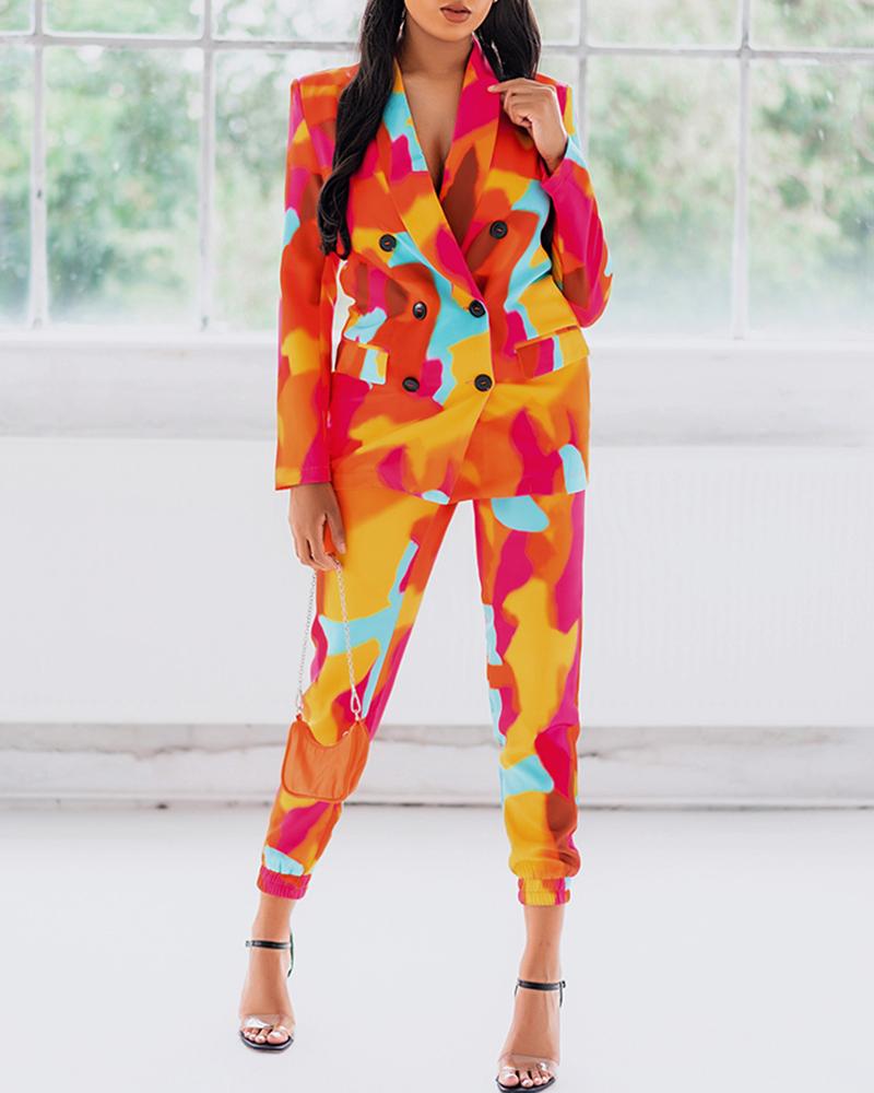 Tie Dye Print Buttoned Blazer Coat & Pants Sets