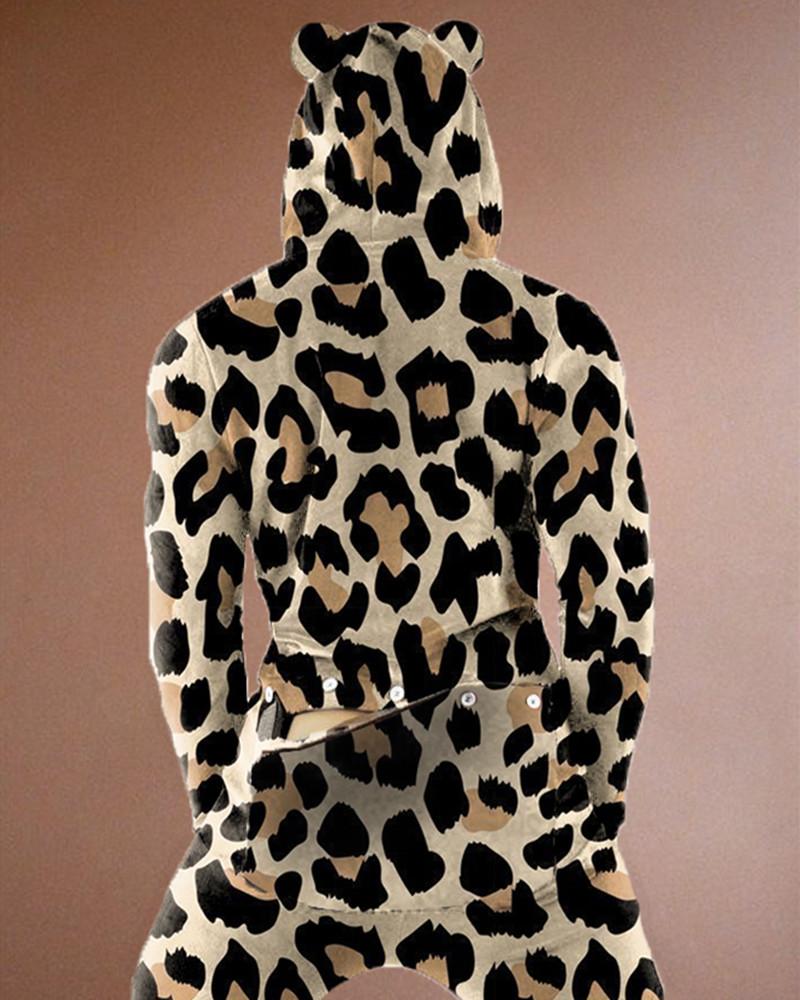 Leopard Print Long Sleeve Hooded Jumpsuit