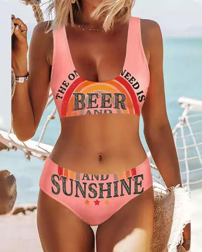 The Only B.S I Need Is Beer And Sunshine Rainbow Stripe Print Bikini Set