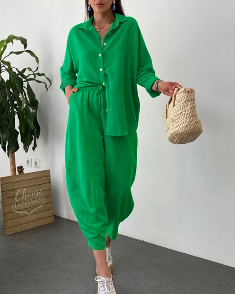 Long Sleeve Buttoned Top & Casual Pants Set
