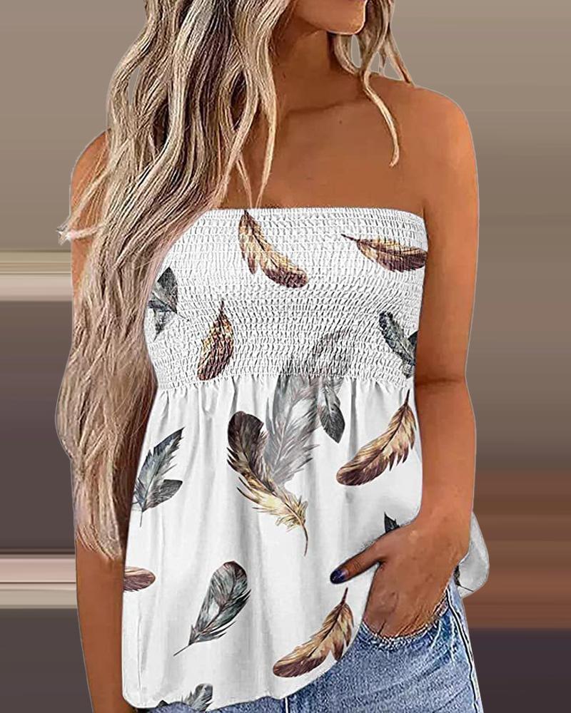 Feather Print Shirred Ruched Tank Top