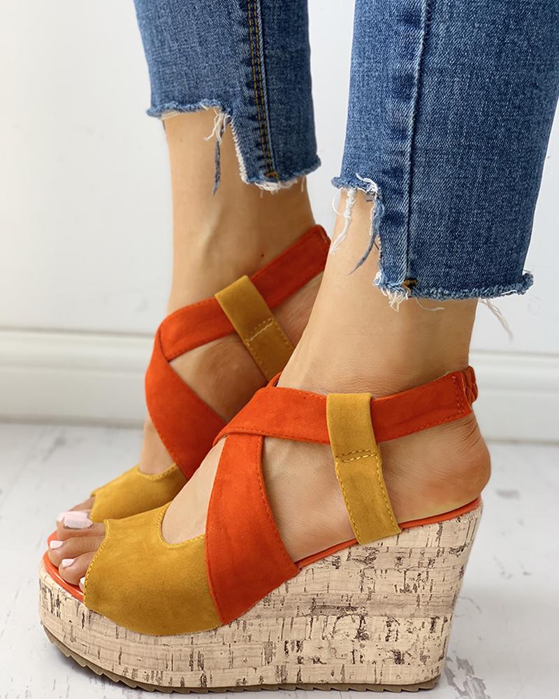 Peep Toe Colorblock Platform Wedge Sandals