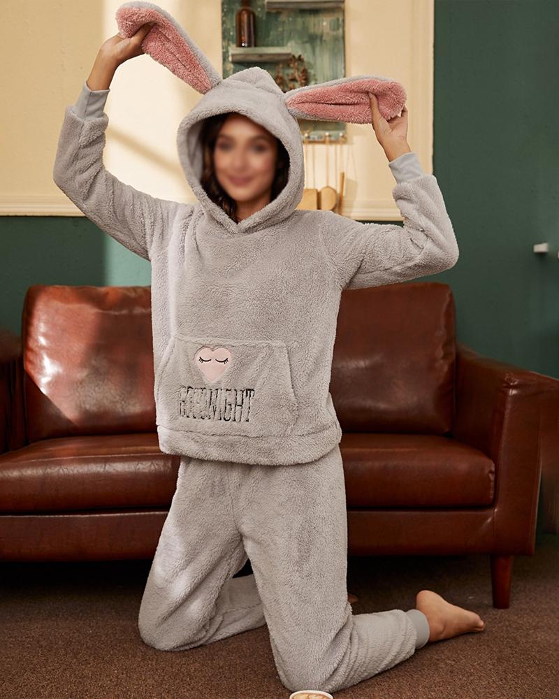 Heart Letter Embroidery Hooded Fluffy Pajamas Set