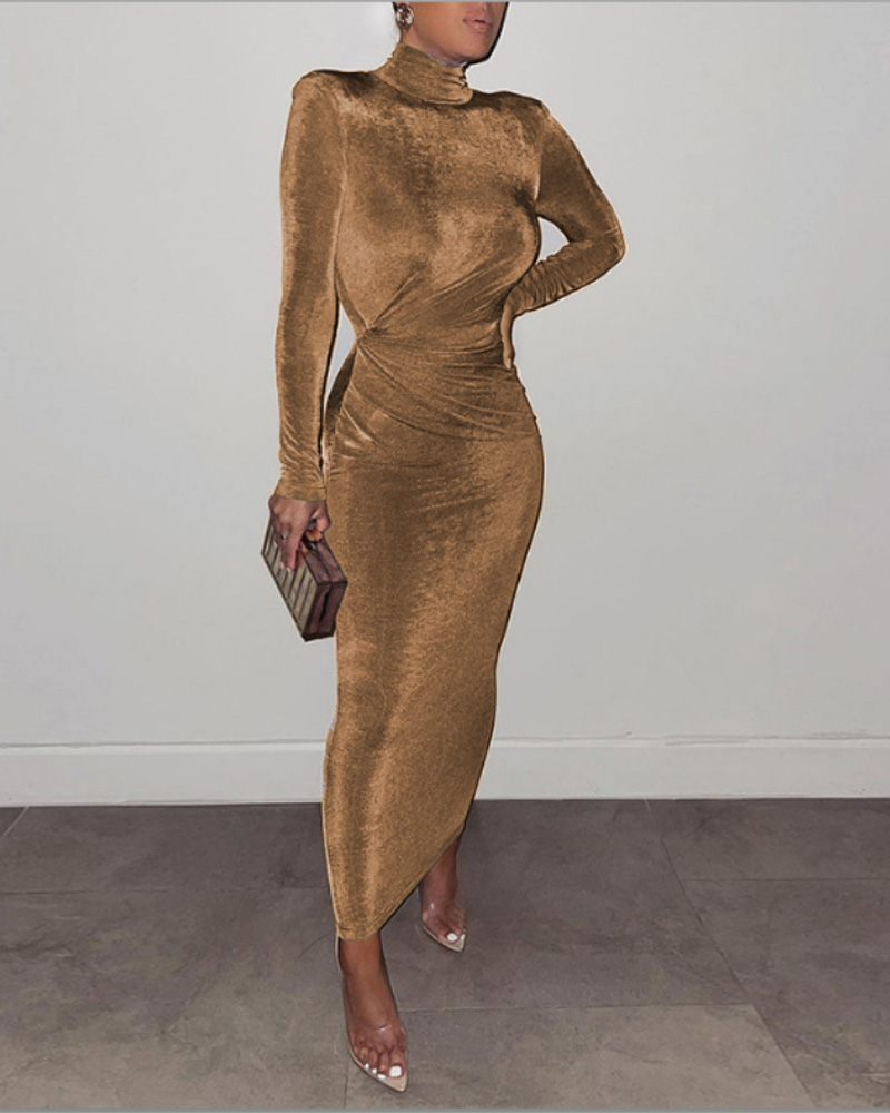 Shoulder Pad Long Sleeve Ruched Skinny Maxi Dress