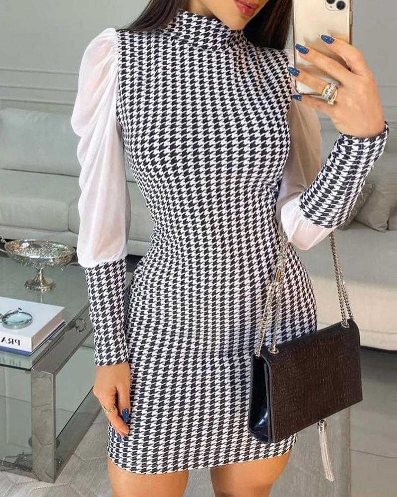 Mesh Patch Houndstooth Print Puff Sleeve Work Dress