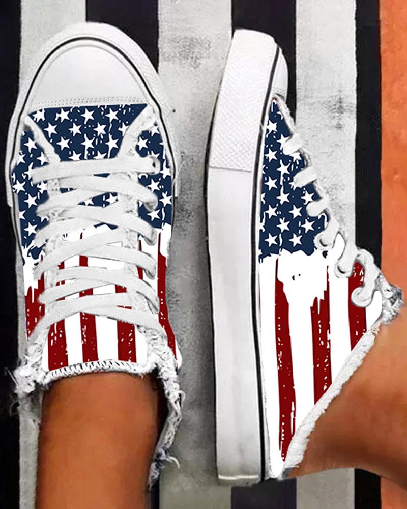 Independence Day Flag Print Raw Hem Slipper Sneakers