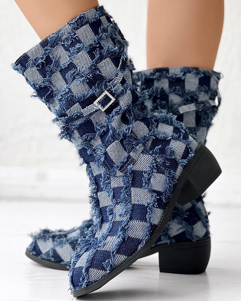 Plaid Raw Hem Chunky Heel Denim Ankle Boots