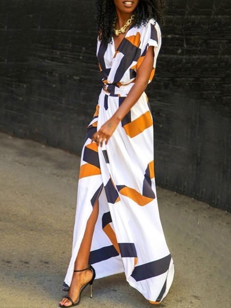 Fashion Color Block Deep V Split Maxi Dress