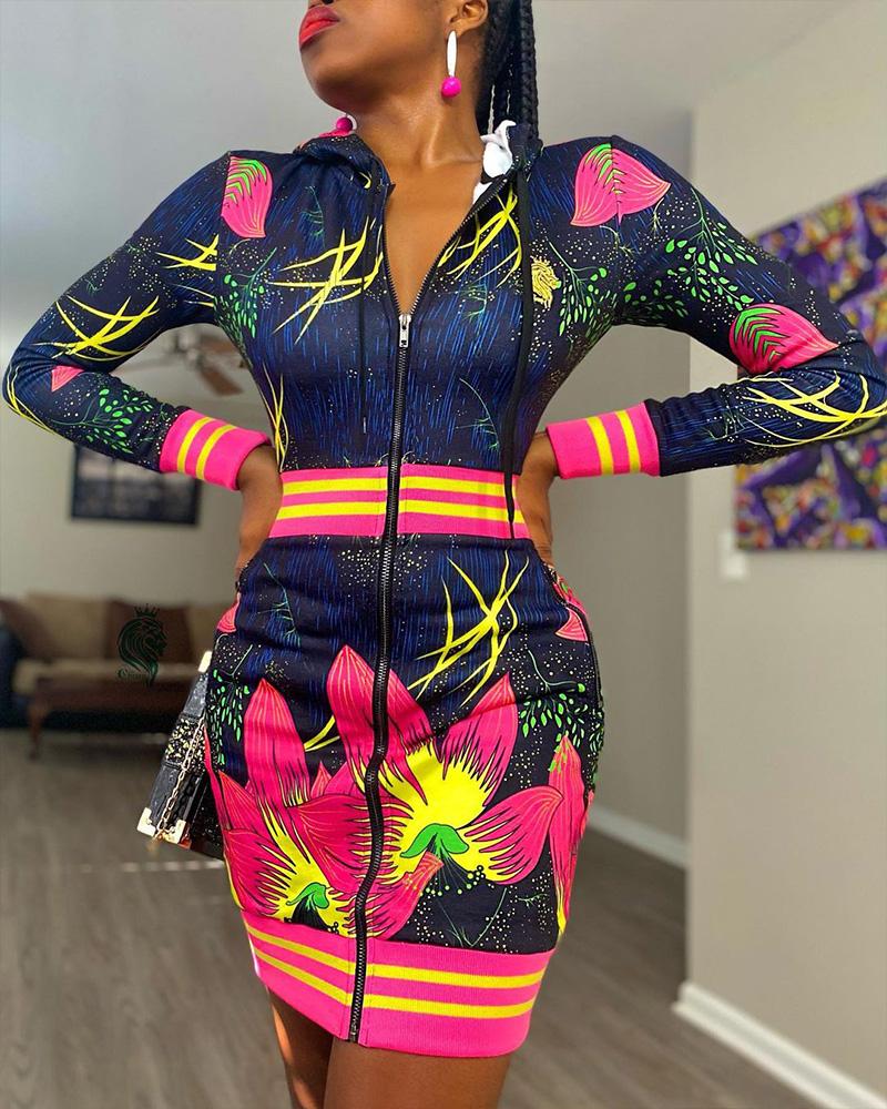 Plants Print Zip Up Drawstring Hooded Dress