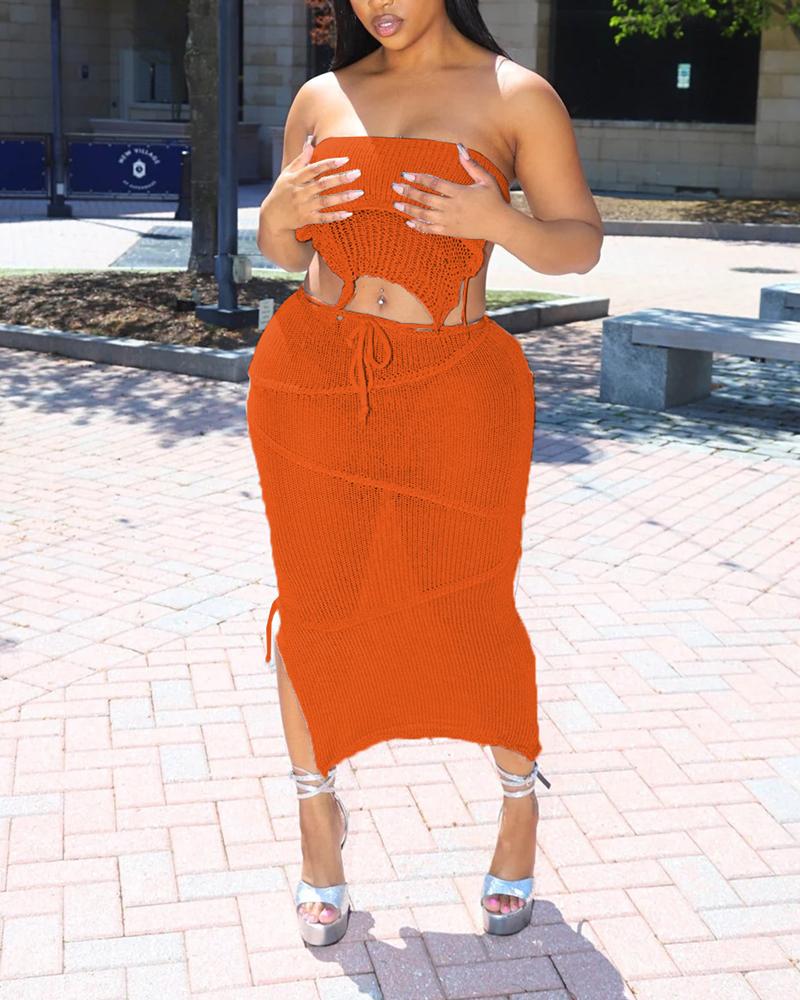 Hollow Out Backless Crop Top & Slit Skirt Set