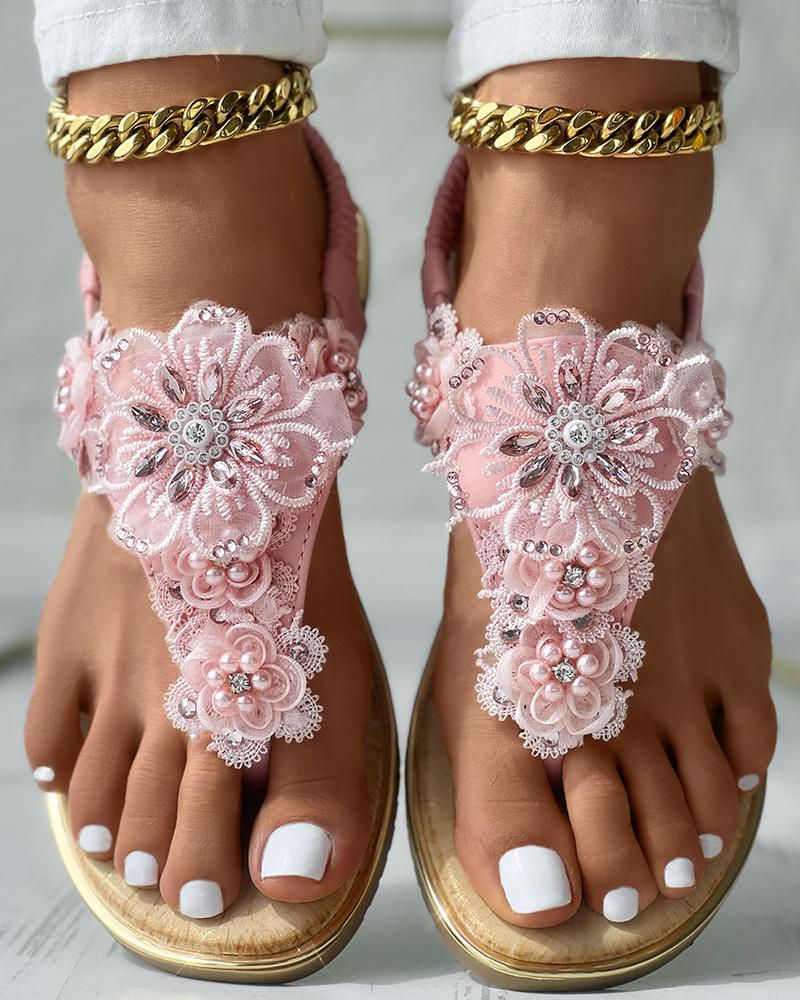 Rhinestone Floral Pattern Slingback Summer Beach Sandals