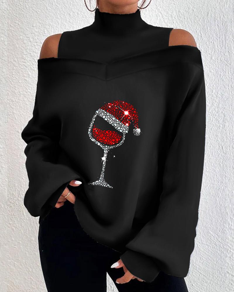 Christmas Wine Glass Print Cold Shoulder Lantern Sleeve Top