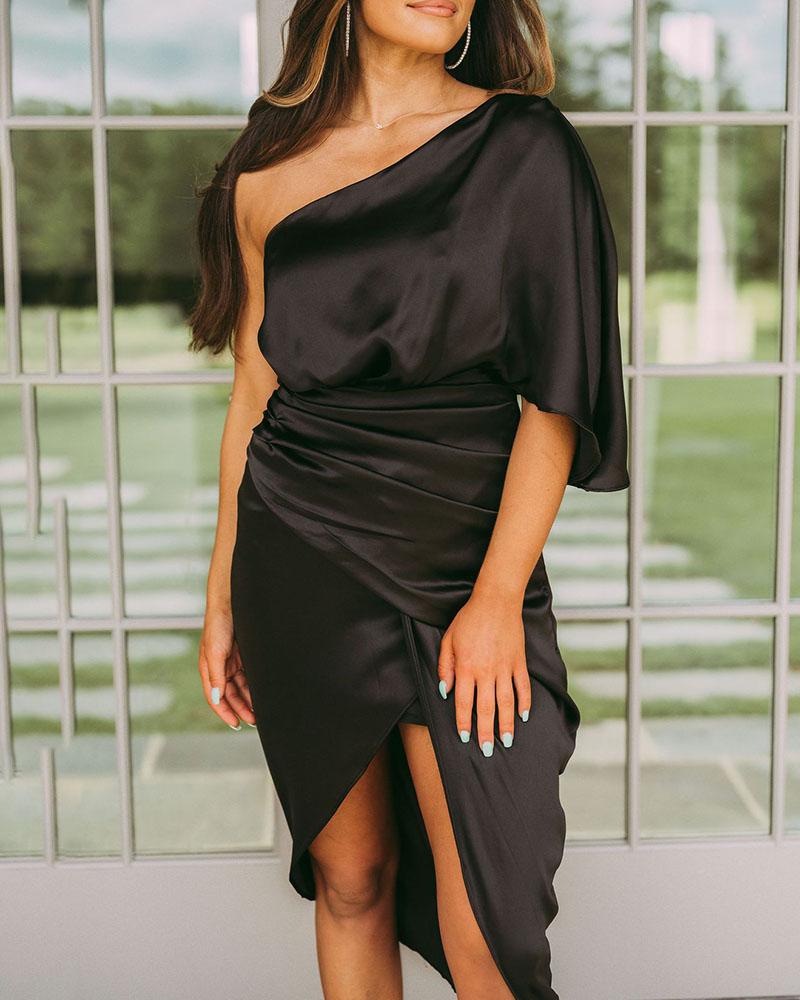 One Shoulder Satin Ruched Split Party Dress